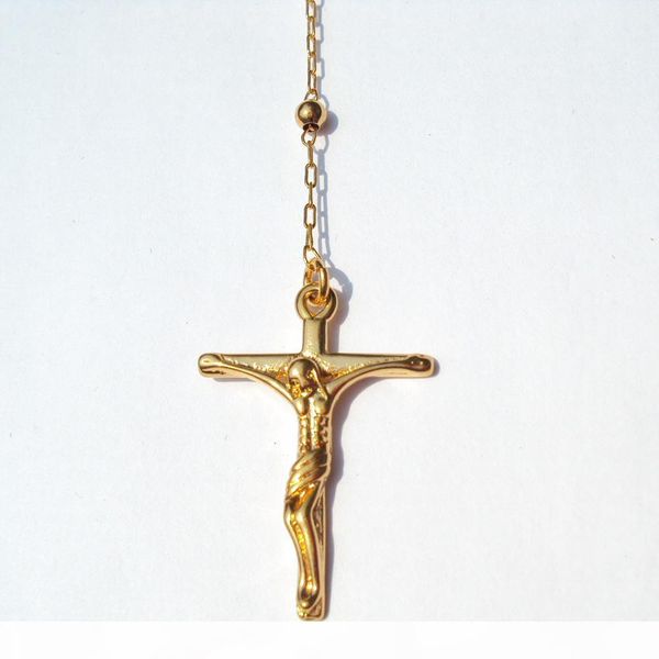 

k loyal mens women cool 14 k yellow gold gf cross crucifix pendant rosario rosary beads necklace chain 60cm +10 cm long, Silver