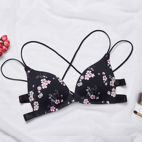 

fashion floral print bra front buckle underwear seamless cross back women push up bras sets, Black;white