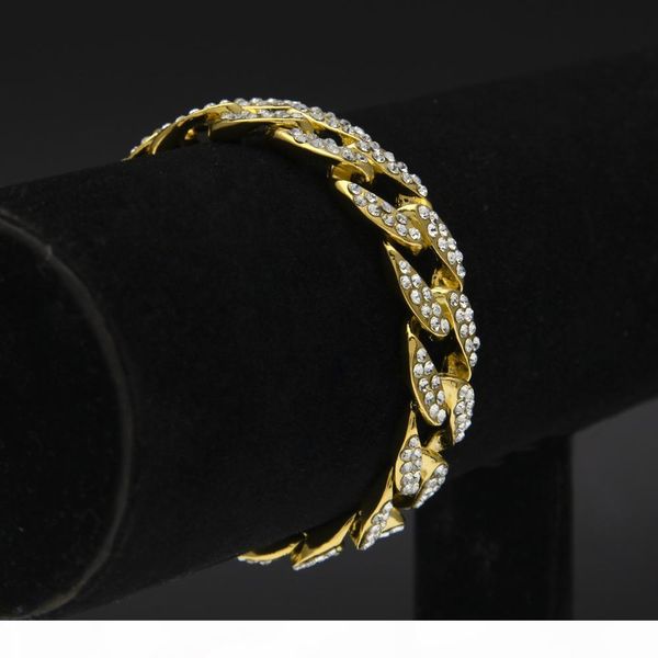 

f mens womens chain hiphop iced out curb 1 .5cm 8inch miami cuban silver gold plated bracelet with clear rhinestones fashion jewelr, Black