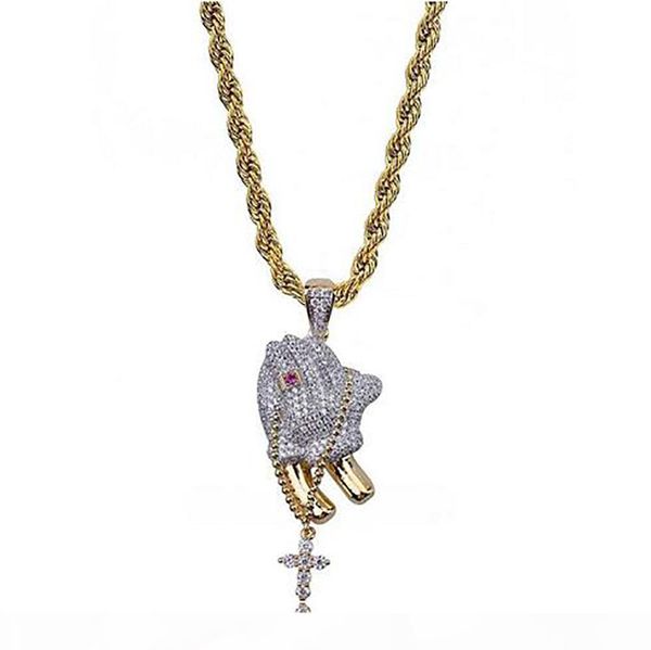 

i 14k gold plated hip hop red ruby christian prayer pendant necklace micro pave cubic zirconia diamonds with 24inch rope chain, Silver