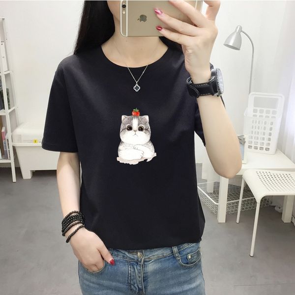 

2020 t- fashion korean women's summer cotton short-sleeved t- women's all-match ins shirt trendy base shirt, White