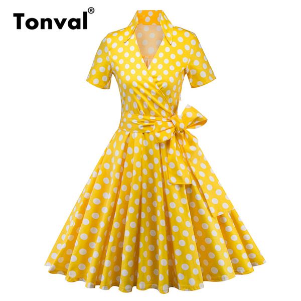 

tonval ретро горошек rockabilly желтый платье женщины с коротким рукавом v шеи линия платья summer party 50s vintage платье, White;black