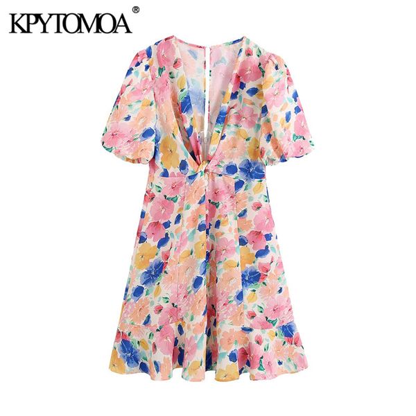 

kpytomoa women 2020 fashion with knot floral print ruffled mini dress vintage short sleeve back zipper female dresses vestidos, Black;gray