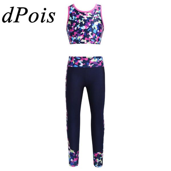 

teens girls ballet sportsoutfit digital print mesh sleeveless tanks crop with leggings children gymnastics dancewear set, Black;red