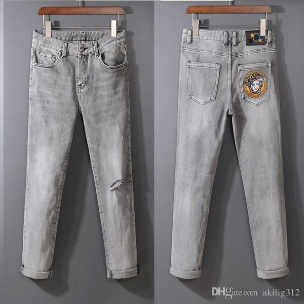 

2020 fashion new high street trend ripped motorcycle jeans light distressed slim motorcycle mens skinny jeans men pants, Blue