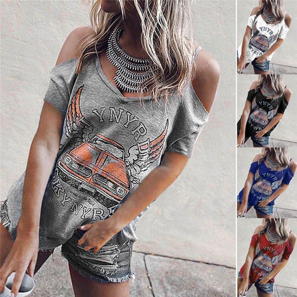 

fashion cool girls shirt women casual v neck off shoulder letter print short sleeve loose shirt lady s xl tee hipster, White
