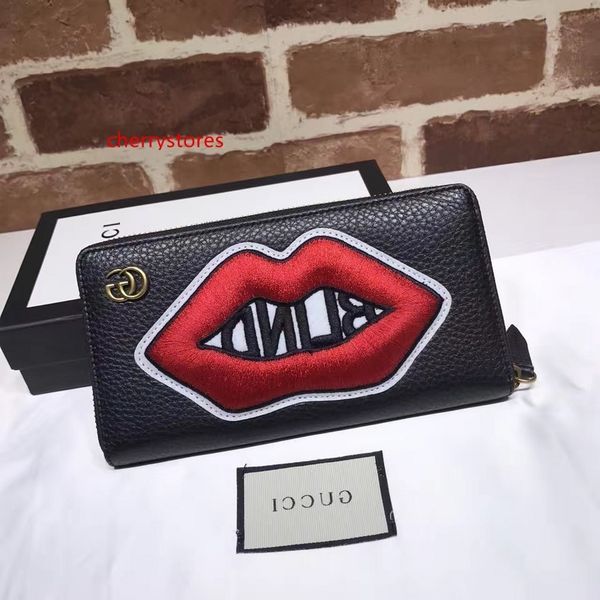 

2020 celebrity design letter embossing embroidery lips love long purse zipper wallet cowhide leather black 474584 clutch