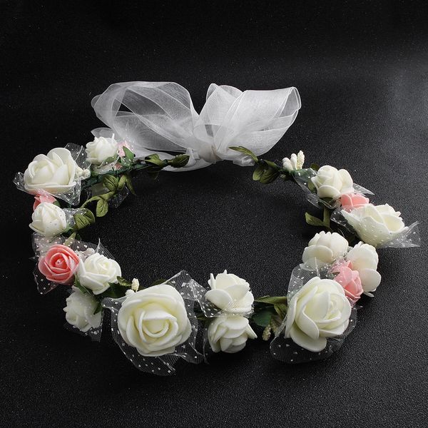 

bride's wreath mesh foam imitation flower hair ribbon adjustable children's hair band headdress headdress scenic spot p wreath, Slivery;white