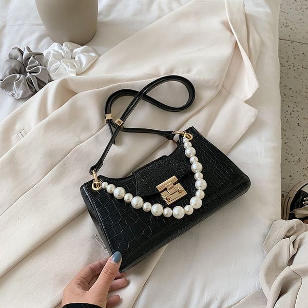 

fashion pearl chain armpit bag small baguette purse women shoulder crossbody bags 2020 retro crocodile tote metal buckle handbag, Black;red