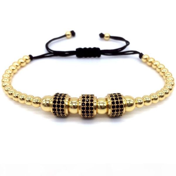

k fashion luxury gold plated 3 round beads macrame bracelet micro inlay zircon mens &womens new style accessories, Black