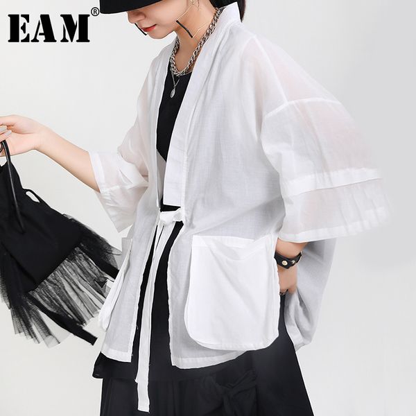 

eam] loose fit white bandage pocket thin big size jacket new v-collar three-quarter sleeve women coat fashion autumn 2020 1x722, Black;brown