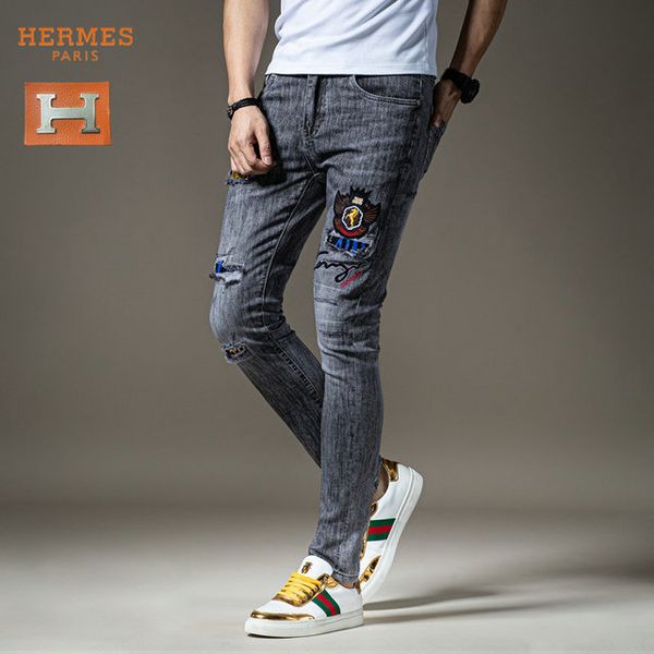 

новые моды для мужчин черные джинсы тощий рваные stretch для slim запад хип-хоп swag джинсовой мотоцикл байкер брюки jogger ~~ # gj194, Blue