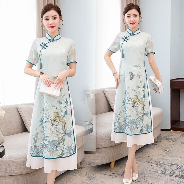 

2020 new chinese style short sleeve stand collar printed cheongsam mid-length fake two-piece improved cheongsam dress for women, Black;gray