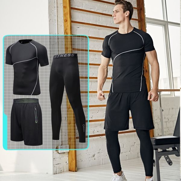 

eciax fitness suit men's three-piece running quick-drying clothes basketball gym tights basketball tights training clothes spring and s, Black