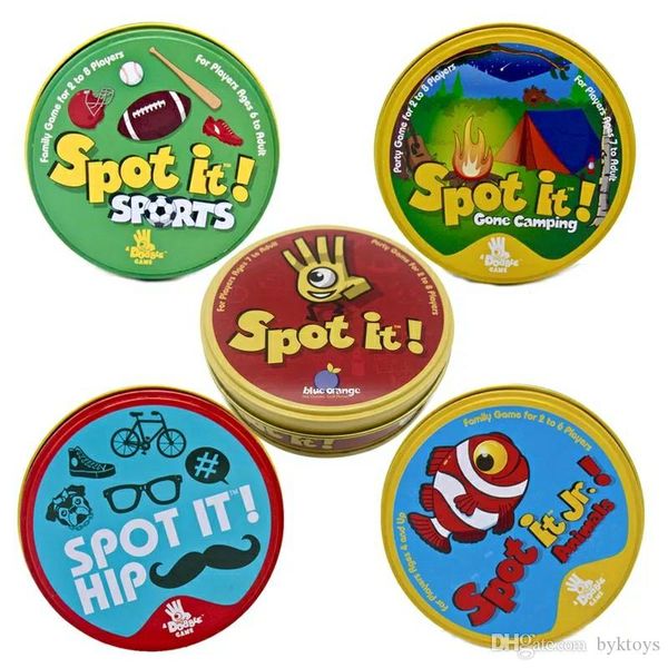 

5 versions spot it card game classic spot/camping/animal/sport/hip family party entertainment game toy for boys girls gift