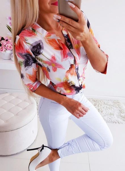 

uk women button neck floral print ladies casual short sleeve blouse, White