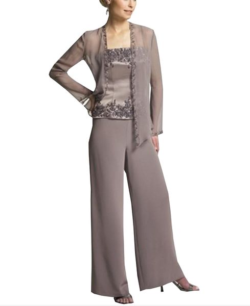 Abito per la madre della sposa da donna elegante 3 pezzi Abito con pantaloni in chiffon di raso con applicazioni ricamate a maniche lunghe per lo sposo