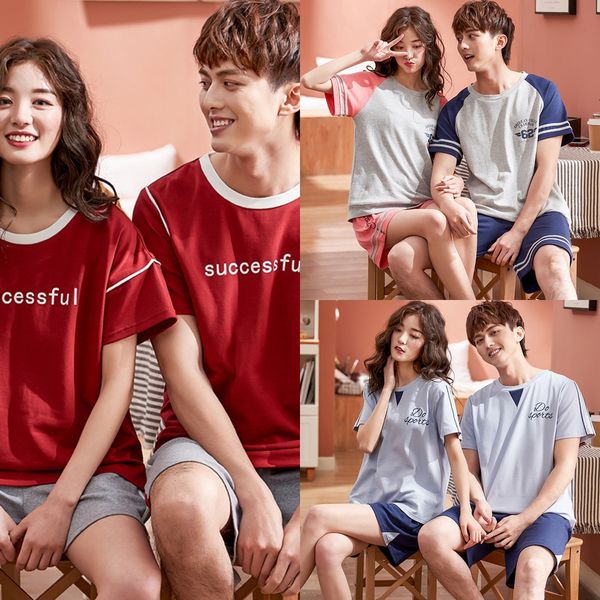 

short-sleeved couple pajamas women's summer cotton hipster simple home wear men's cotton warm couple suit warm shorts and shorts, Black;brown