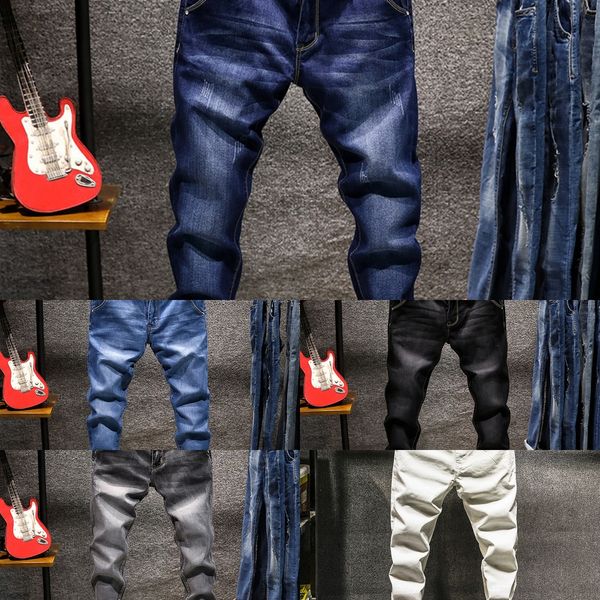 

2019 spring white men's casual korean style slim and jeans trousers and jeans fit stretch leggings youth straight long pants fashion, Blue
