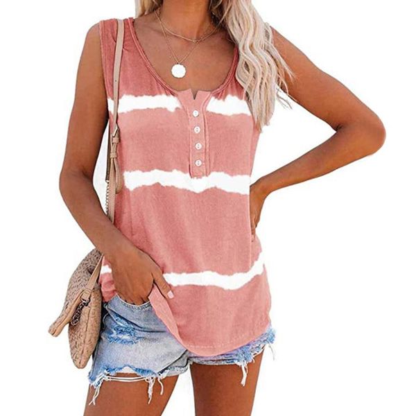 

large size women sleeveless tank casual button tie dye stripe color block patchwork t shirt female vest summer, White