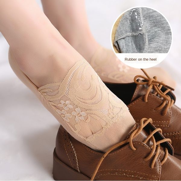 

women's summer shallow lace boat invisible lace boat socks heel with adhesive anti-slip thin breathable short socks, Pink;yellow