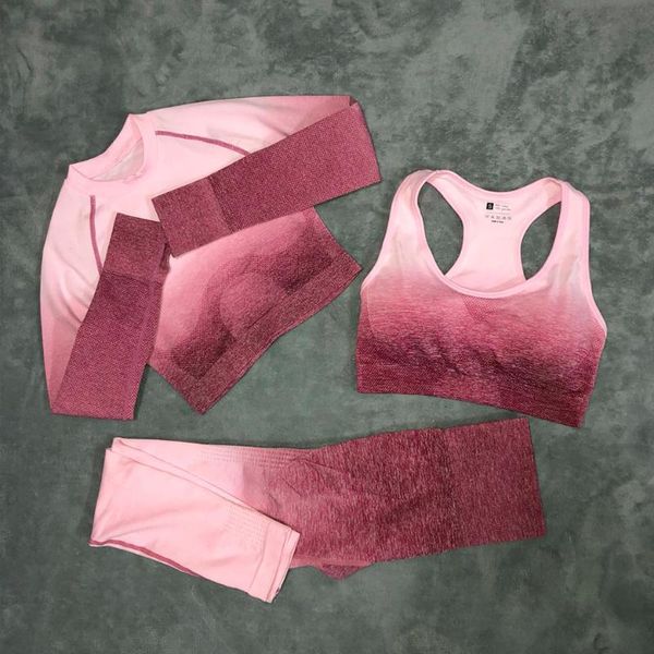 

yoga outfits 3pcs women seamless set workout sport wear gym clothing bra+long sleeve+pants high waist leggings sports suit, White;red