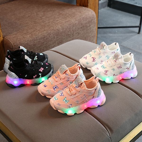 

children's sports luminous sports shoes 2020 korean new sneakers elastic cloth plastic sequins led luminous shoes sneakers fashion, Black