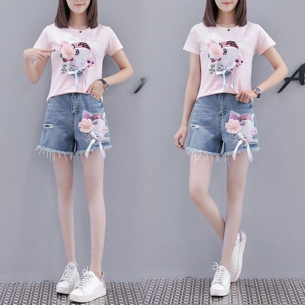 

2020 летний новый блестками с короткими рукавами футболки и шорты футболка + рваные джинсовые шорты костюм игривый двухсекционный костюм жен, Gray