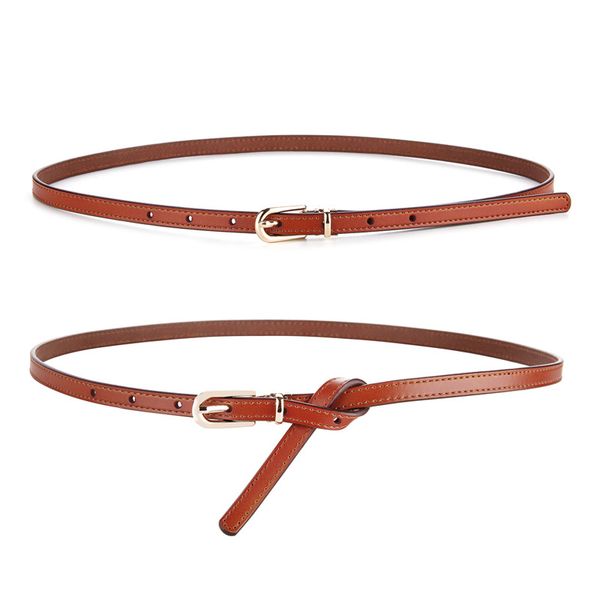 

women genuine leather knot belt jean thin gold pin buckle belts dresses red black real cow leather ladies narrow student belts, Black;brown