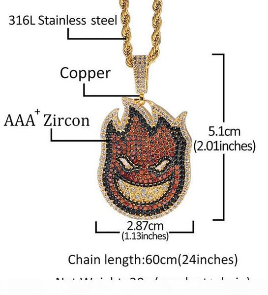 

g 14k gold iced out fire emoji pendant bling micro pave cubic zirconia simulated diamonds fire emoji 3mm 24inch rope chain, Silver