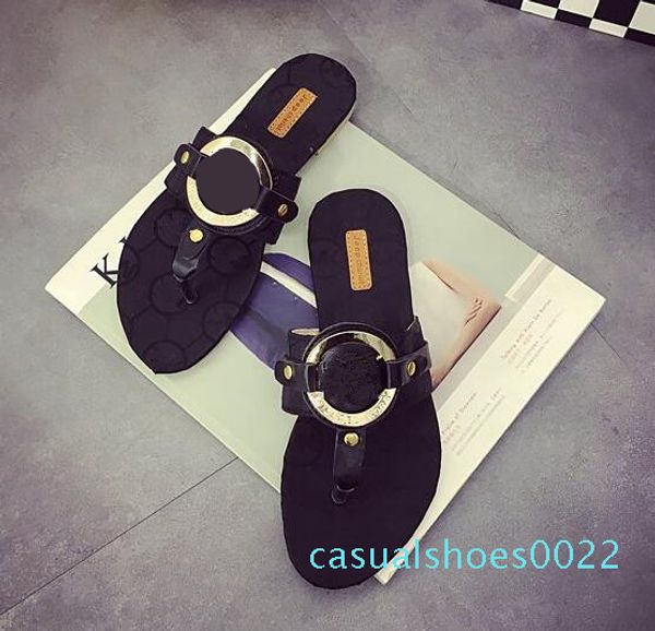 

designer thong sandals flat shoes female 2020 new summer soft bottom flip flop for womens metal design point late shoes c22, Black