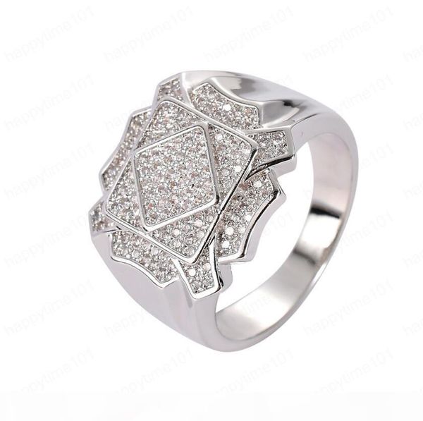 

iced из геометрических микро циркон инкрустация кольца для мужчин хип-хоп bling бриллиантовое кольцо золото серебро обручальное кольцо, Silver