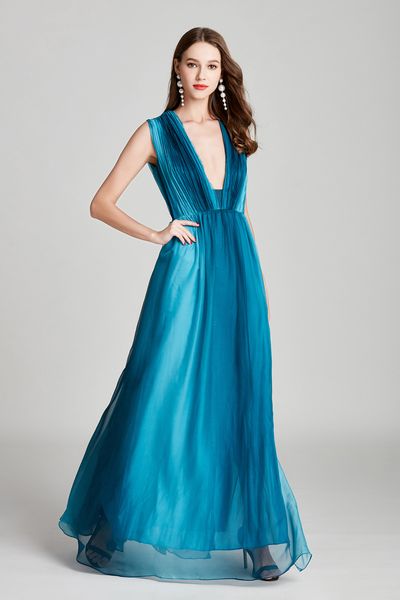 

2020 new summer long deep v-neck gradient blue green chiffon high slit slim sleeveless evening dress prom dress, Black