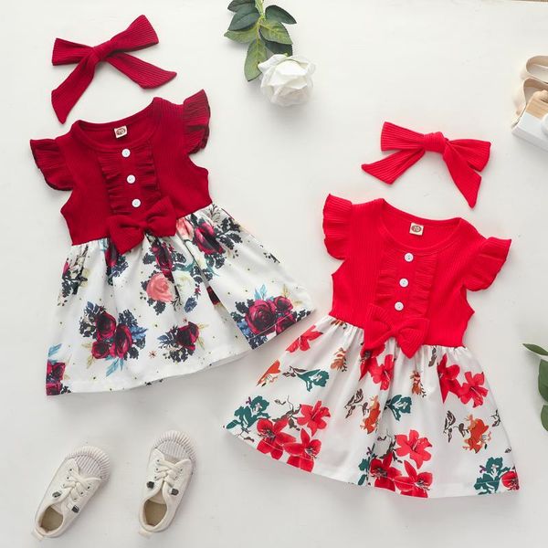 

2020 summer baby girl toddler dress ruffle sweet floral print flower mini dresses, Red;yellow