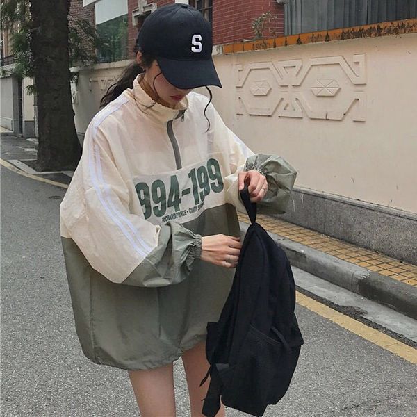 

hr9kb 2019 summer korean-style printed loose pullover thin pullover sweater windbreaker sweater women bf casual long-sleeved sunscreen trenc, Tan;black