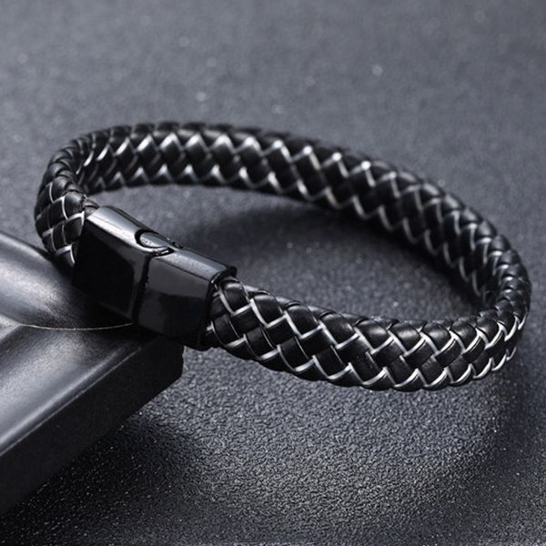 

punk men jewelry black/brown braided leather bracelet stainless steel magnetic clasp fashion bracelets bangles men's jewelry, Golden;silver