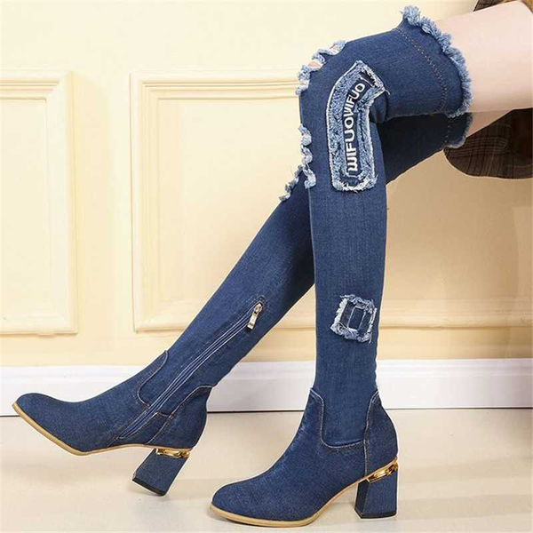 

womens denim boots over the knee pointed toe thick high heels shoes woman casual tassel cut out jeans long high tight boot, Black