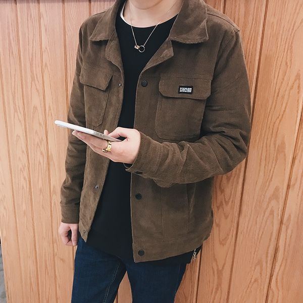 

2020 autumn new men's outfit outfit student clothes solid color jacket jacket korean youth corduroy slim student wear, Black;brown
