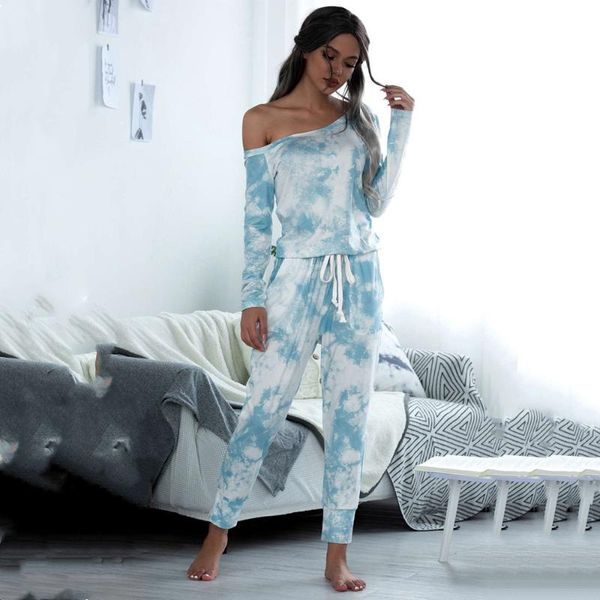 

2020 autumn long-sleeved strapless tie-dye printed lace-up pocket casual jumpsuit casual fashion slash shoulder bodysuits, Black;white