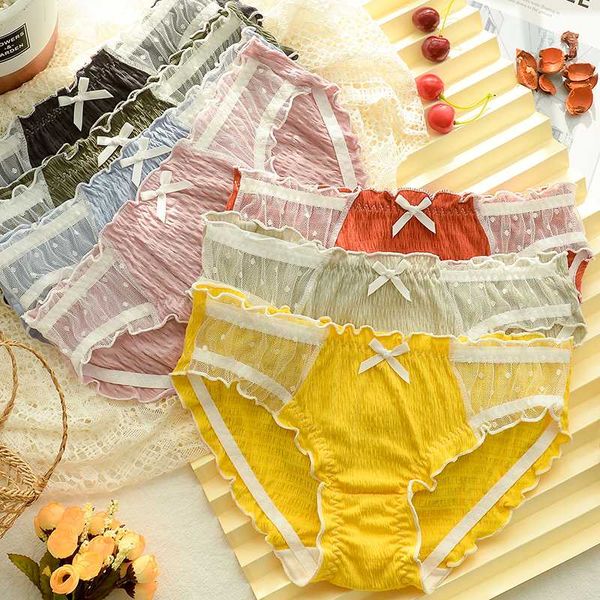 

low waist soft girl lace hollow mesh cotton bow panties underwear japanese sweet lolita student ruffles comfortable briefs, Black;pink