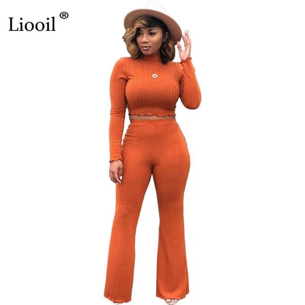 

liooil solid ribbed bodycon two piece set party club outfits long sleeve crop and long pants matching sets for women, White