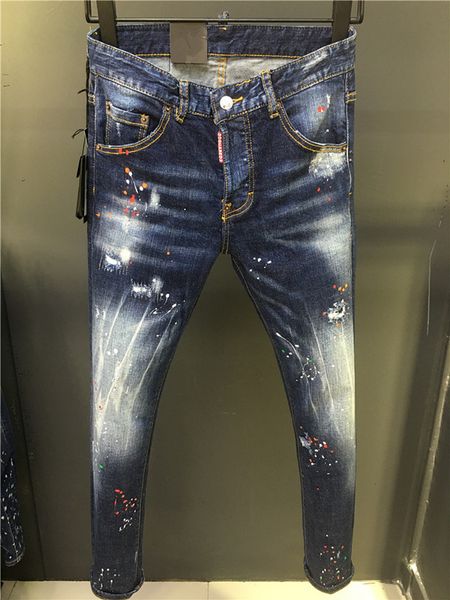 

fashion mens ripped biker washed jeans leather patchwork slim fit moto denim joggers for male distressed jeans pants, Blue