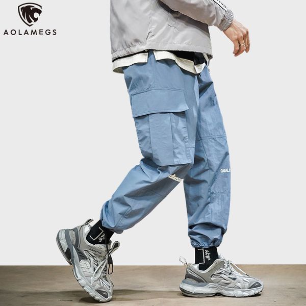 

aolamegs cargo pants men big pockets letter track joggers pants male elastic waist harem trousers loose sweatpants m-5xl, Black