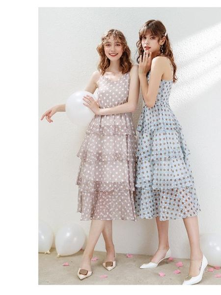 

casual dresses summer fresh women's polka dot mid-length all-match dress ladies slimming chiffon, Black;gray