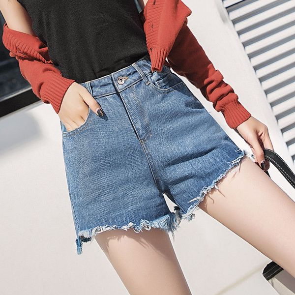

women's jeans denim shorts women summer 2021 korean-style loose student straight tube all-match chic high waist wide leg five-color pan, Blue