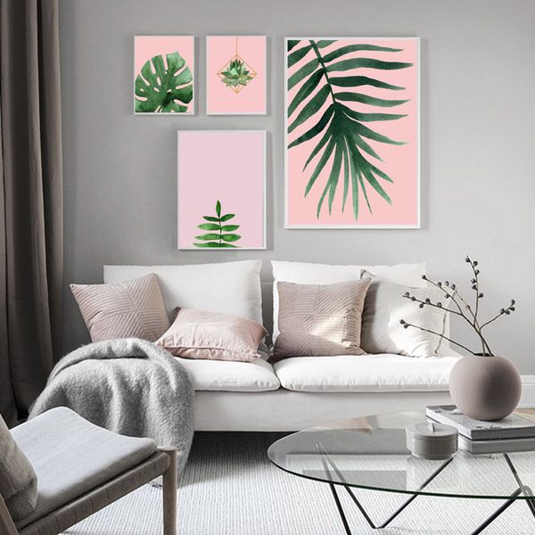 

watercolor green plant tropical leaves pink canvas poster wall art print painting modern decorative picture living room decor