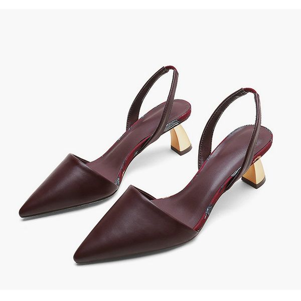

2020 new spring summer low-shoes metal profiled heeled sandals women pointed toe black wine red t-strap high heel sandals