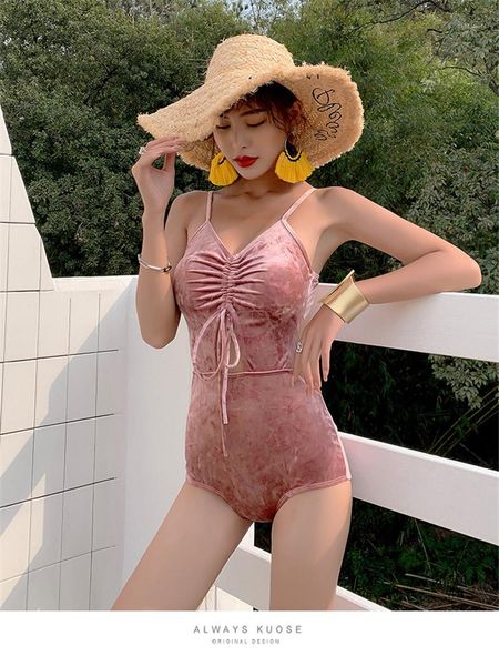 

women high waist solid color swimwear womens designer bandage velvet one piece swimwear v neck camisole clothing, White;black