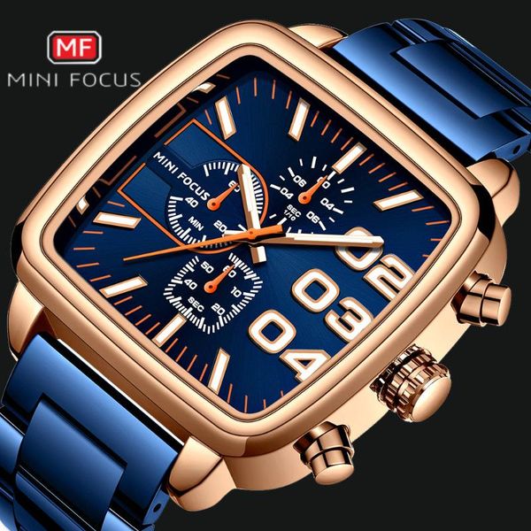 

minifocus quartz watches men dress royal chronograph clock male blue strainless steel band wrist watch, Slivery;brown