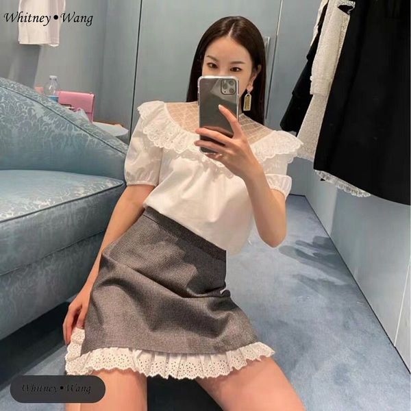 

whitney wang 2020 autumn winter fashion streetwear blend woolen lace ruffles edging mini skirt women office lady skirts, Black